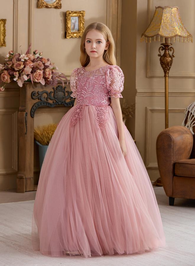 Take Two Girls Pink Floral Lace Puff Sleeve Maxi Dress - Image 1